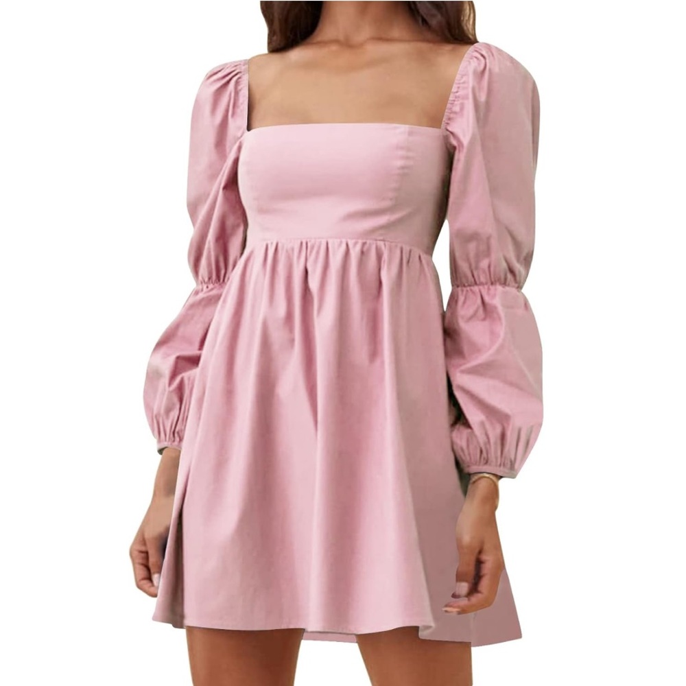Pink Square Neck Puff Sleeve Short Dress